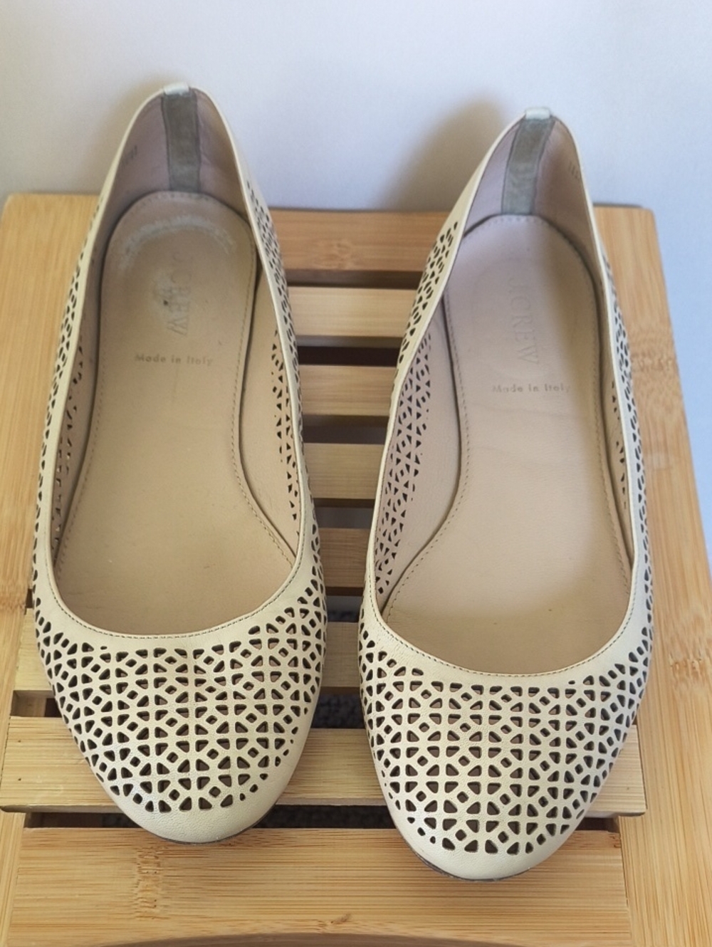 J. Crew Made in Italy Cream Laser-Cut Leather Flats Size 8